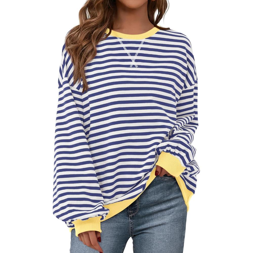 imageBTFBM Womens Oversized Striped Sweatshirt 2026 Spring Crewneck Long Sleeve Pullover Top Casual Y2K Clothes Workout ShirtDark Blue White