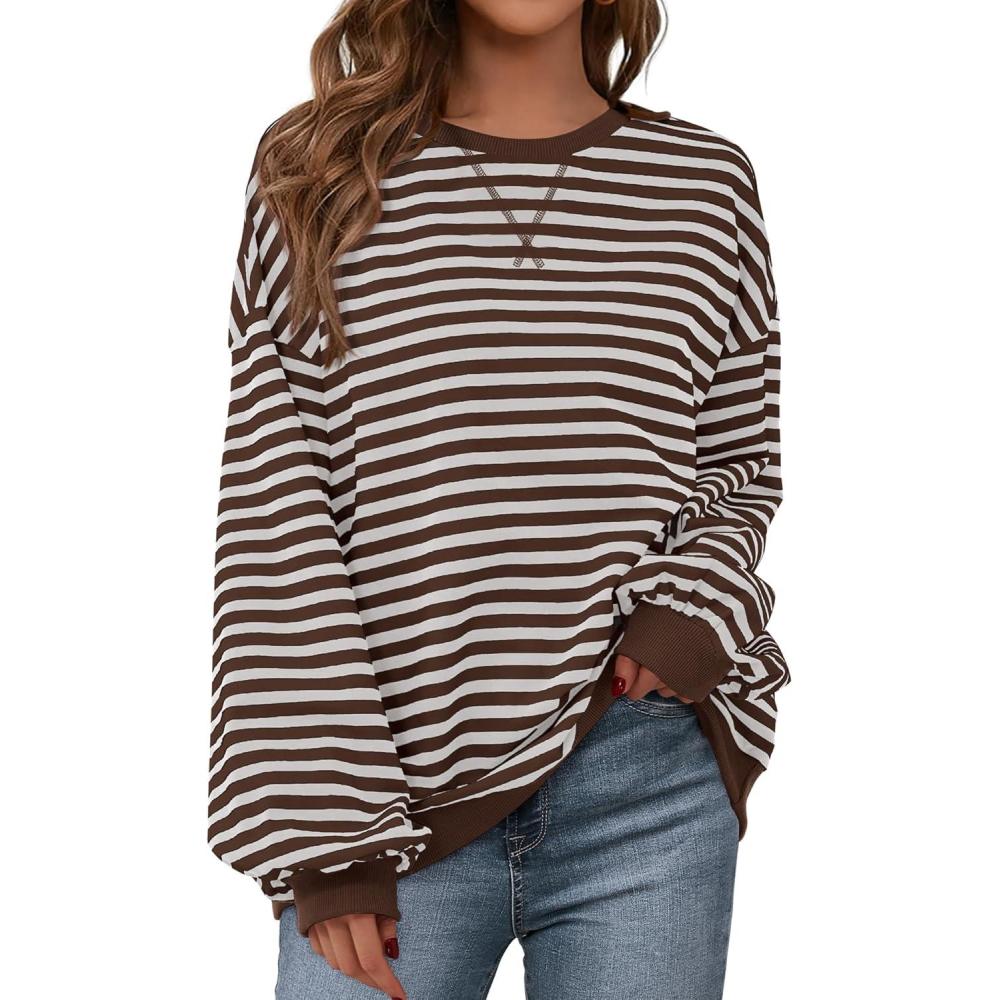 imageBTFBM Womens Oversized Striped Sweatshirt 2026 Spring Crewneck Long Sleeve Pullover Top Casual Y2K Clothes Workout ShirtGrey Brown