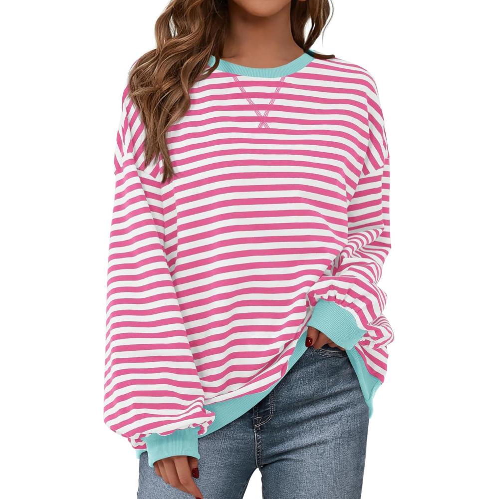 imageBTFBM Womens Oversized Striped Sweatshirt 2026 Spring Crewneck Long Sleeve Pullover Top Casual Y2K Clothes Workout ShirtPink White