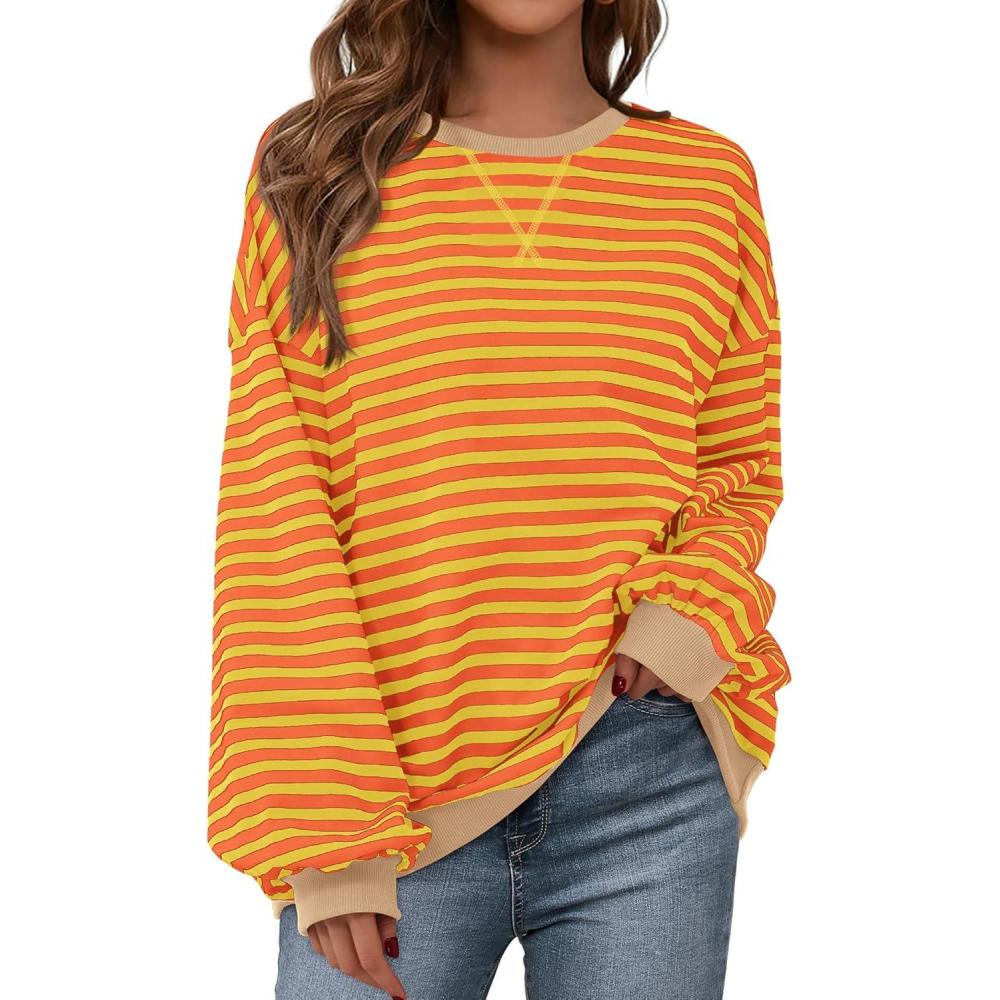 imageBTFBM Womens Oversized Striped Sweatshirt 2026 Spring Crewneck Long Sleeve Pullover Top Casual Y2K Clothes Workout ShirtYellow Orange