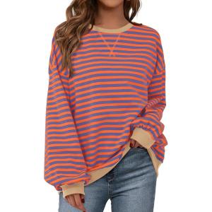 BTFBM Womens Oversized Striped Sweatshirt 2026 Spring Crewneck Long Sleeve Pullover Top Casual Y2K Clothes Workout Shirt(Blue Orange)