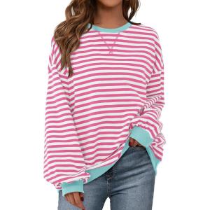 BTFBM Womens Oversized Striped Sweatshirt 2026 Spring Crewneck Long Sleeve Pullover Top Casual Y2K Clothes Workout Shirt(Pink White)