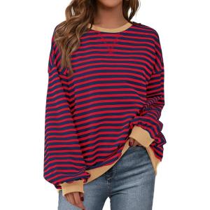 BTFBM Womens Oversized Striped Sweatshirt 2026 Spring Crewneck Long Sleeve Pullover Top Casual Y2K Clothes Workout Shirt(Red Navy)