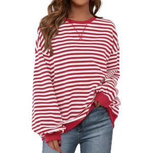 BTFBM Womens Oversized Striped Sweatshirt 2026 Spring Crewneck Long Sleeve Pullover Top Casual Y2K Clothes Workout Shirt(Red White)