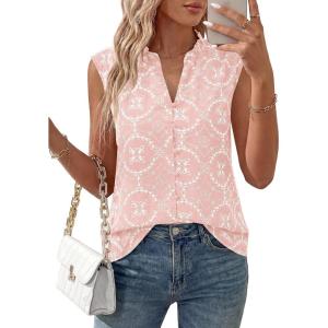 BTFBM Womens Summer Tops Dressy Casual 2026 Floral Eyelet Sleeveless Button Down Shirts Boho Beach Vacation Outfits(Pink)