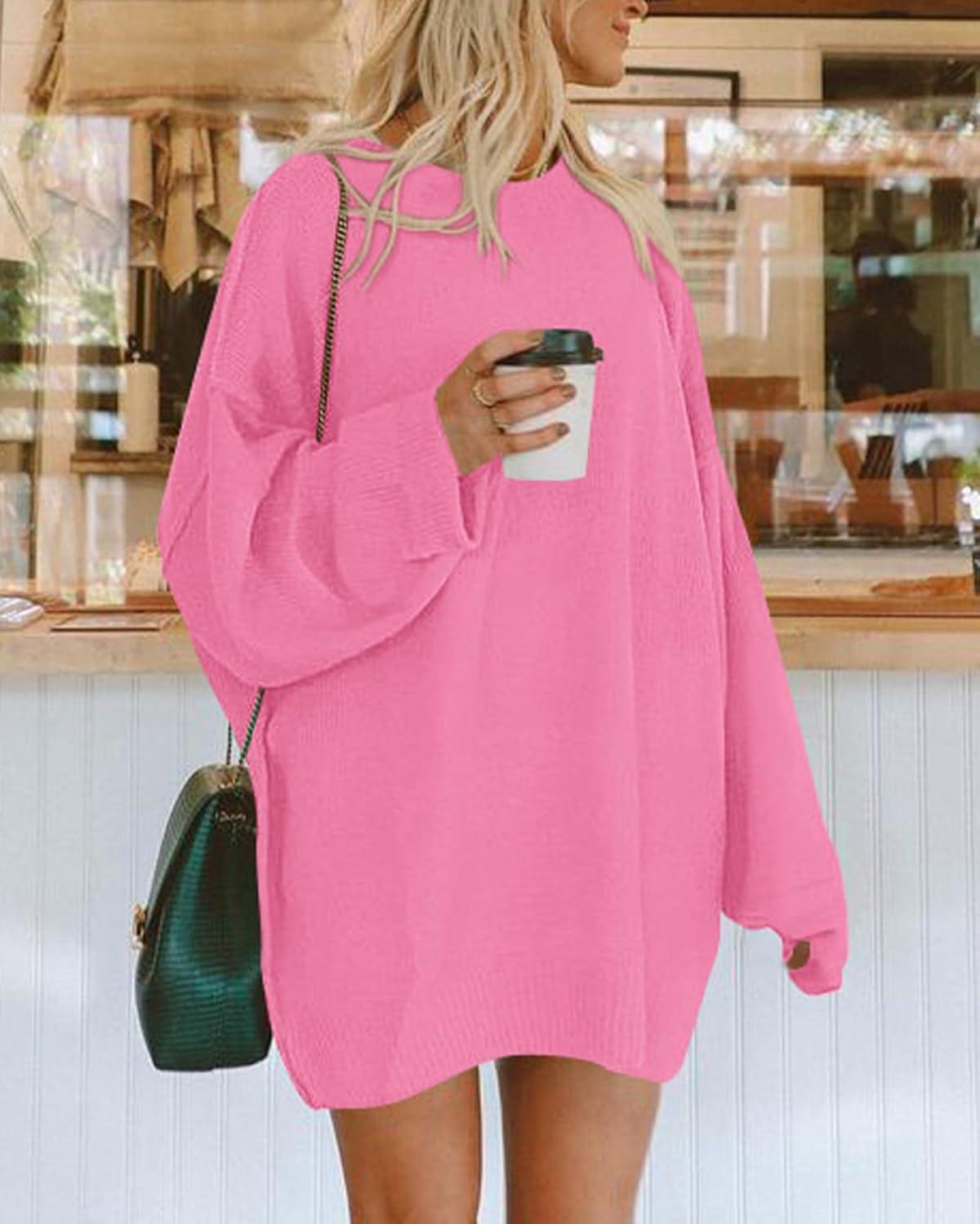 imageBTFBM 2025 Womens Sweaters Casual Crewneck Long Sleeve Oversized Sweater Dress Fall Winter Loose Slouchy Soft PulloverSolid Rose Pink