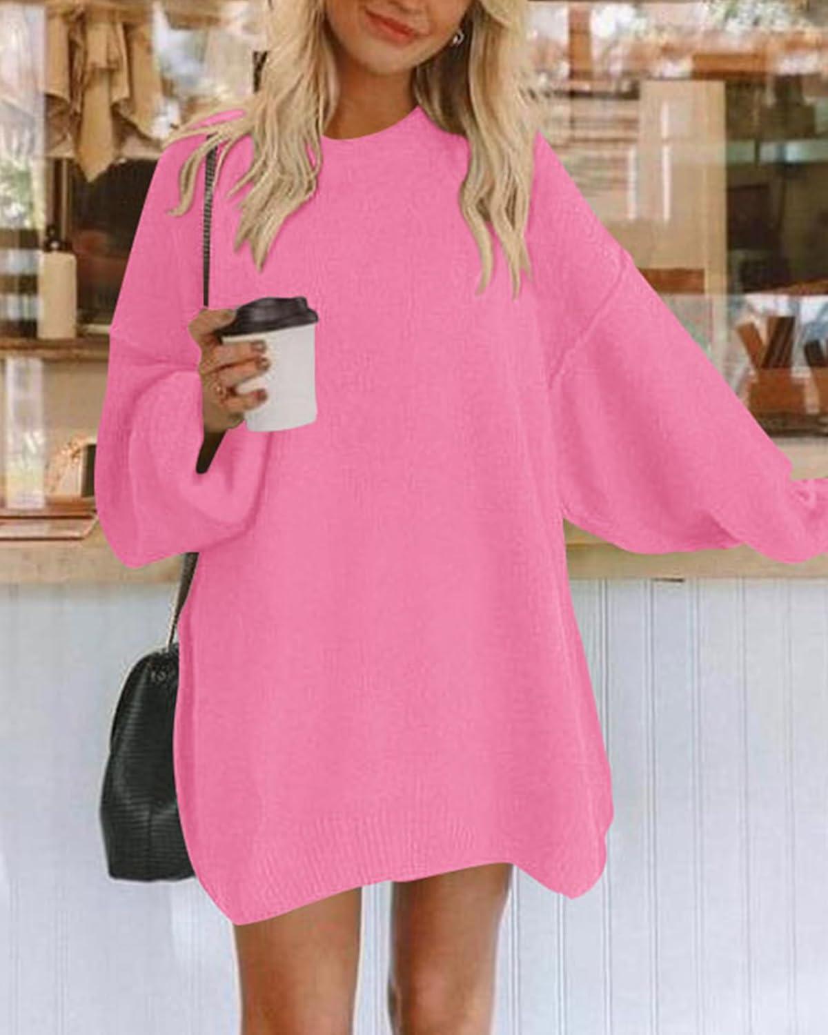 imageBTFBM 2025 Womens Sweaters Casual Crewneck Long Sleeve Oversized Sweater Dress Fall Winter Loose Slouchy Soft PulloverSolid Rose Pink