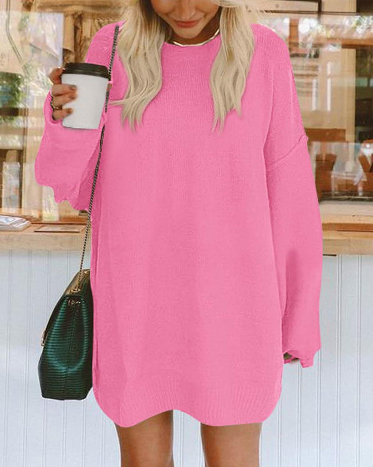 imageBTFBM 2025 Womens Sweaters Casual Crewneck Long Sleeve Oversized Sweater Dress Fall Winter Loose Slouchy Soft PulloverSolid Rose Pink