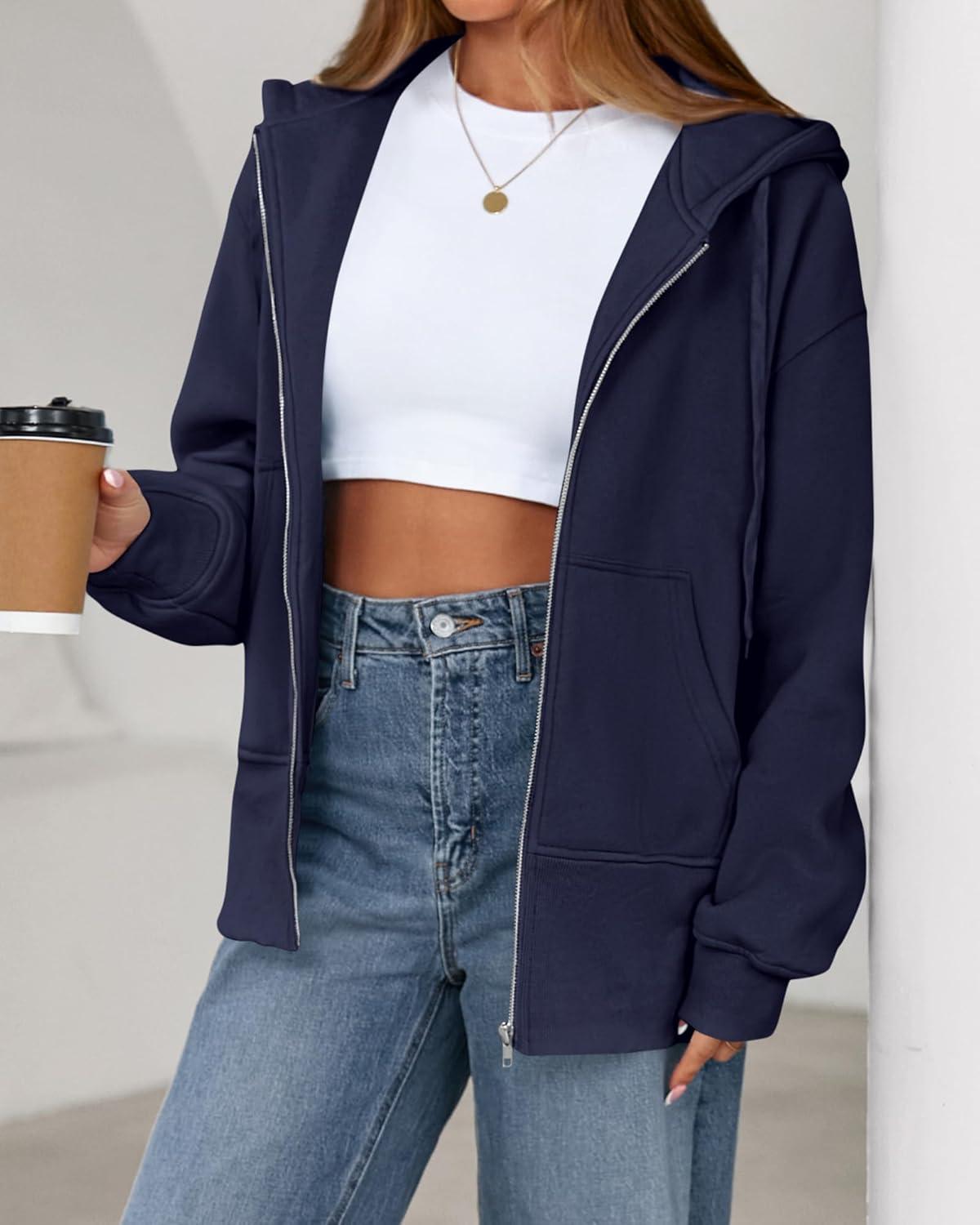 imageBTFBM Hoodies for Women Zip Up jacket Drawstring Spring Fashion 2026 Trendy Long Sleeve Sweatshirt Clothing OutfitsNavy
