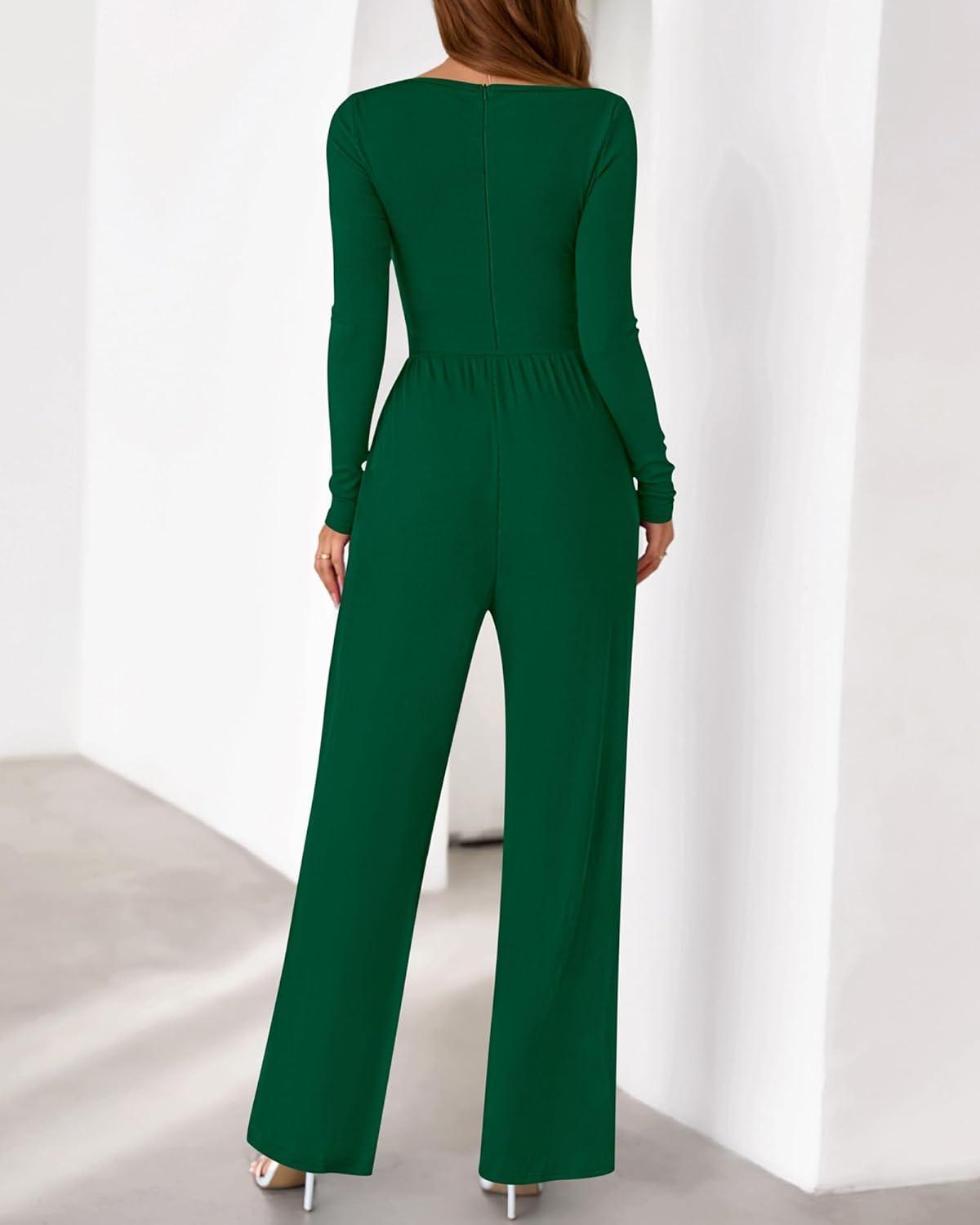 imageBTFBM Jumpsuits For Women One Piece Outfits Long Sleeve Stretchy Knit Wide Leg Pants Womens Jumpsuit Fall Clothes 2025Dark Green
