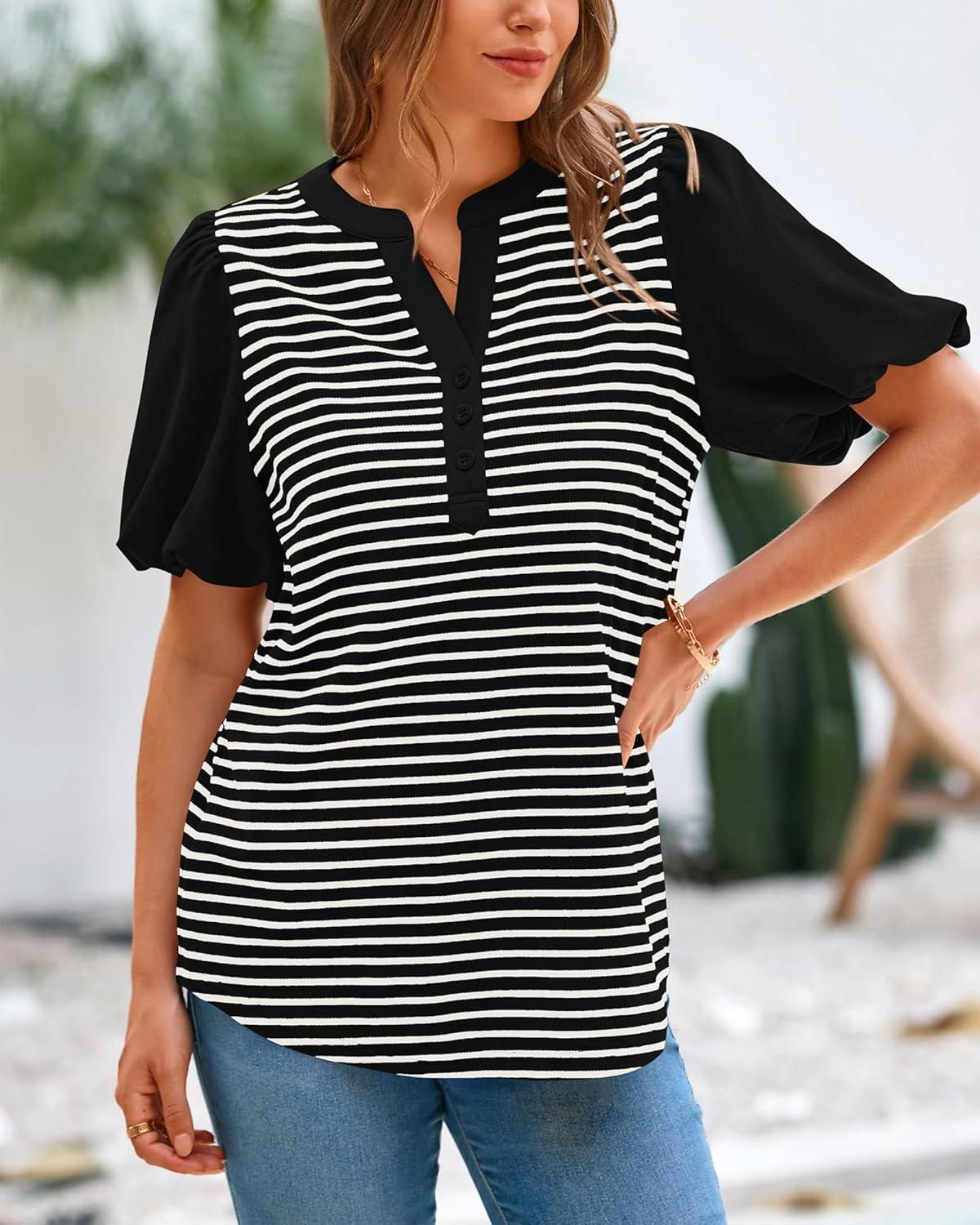 imageBTFBM Puff Sleeve Tops for Women Dressy Summer Vacation Outfits 2025 V Neck Casual Button Up Shirts Loose Striped BlouseBlack