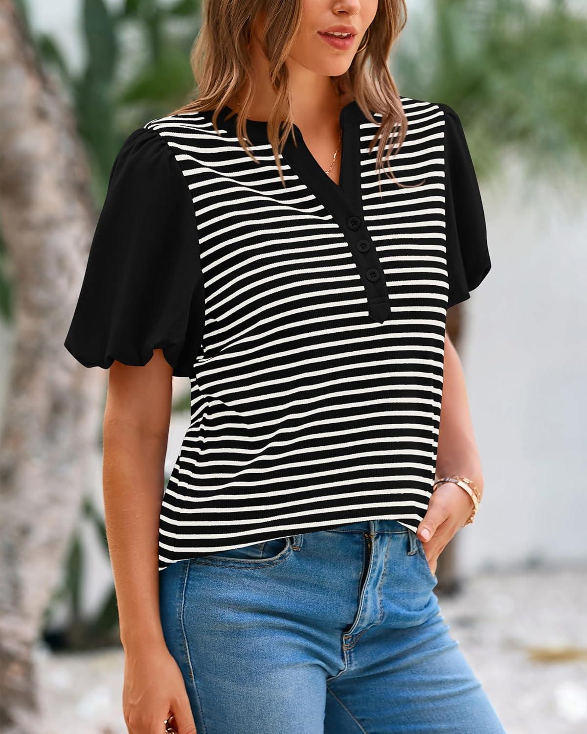 imageBTFBM Puff Sleeve Tops for Women Dressy Summer Vacation Outfits 2025 V Neck Casual Button Up Shirts Loose Striped BlouseBlack