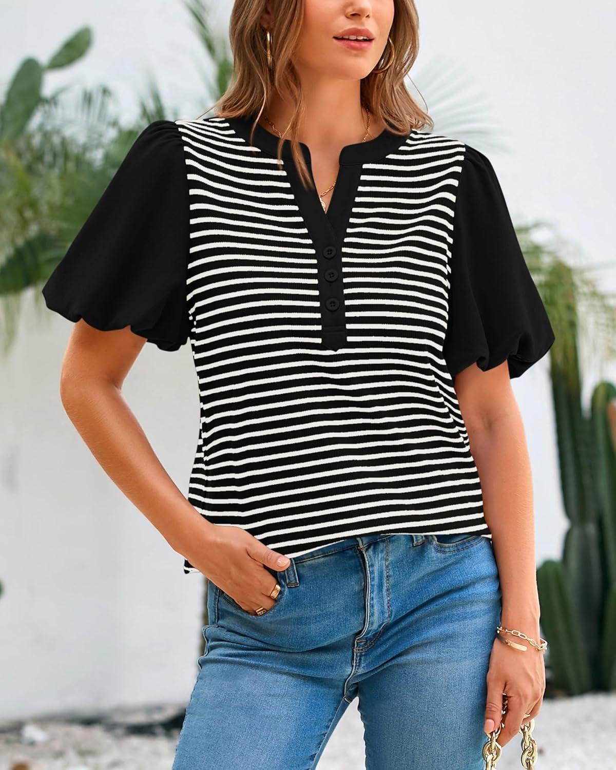 imageBTFBM Puff Sleeve Tops for Women Dressy Summer Vacation Outfits 2025 V Neck Casual Button Up Shirts Loose Striped BlouseBlack