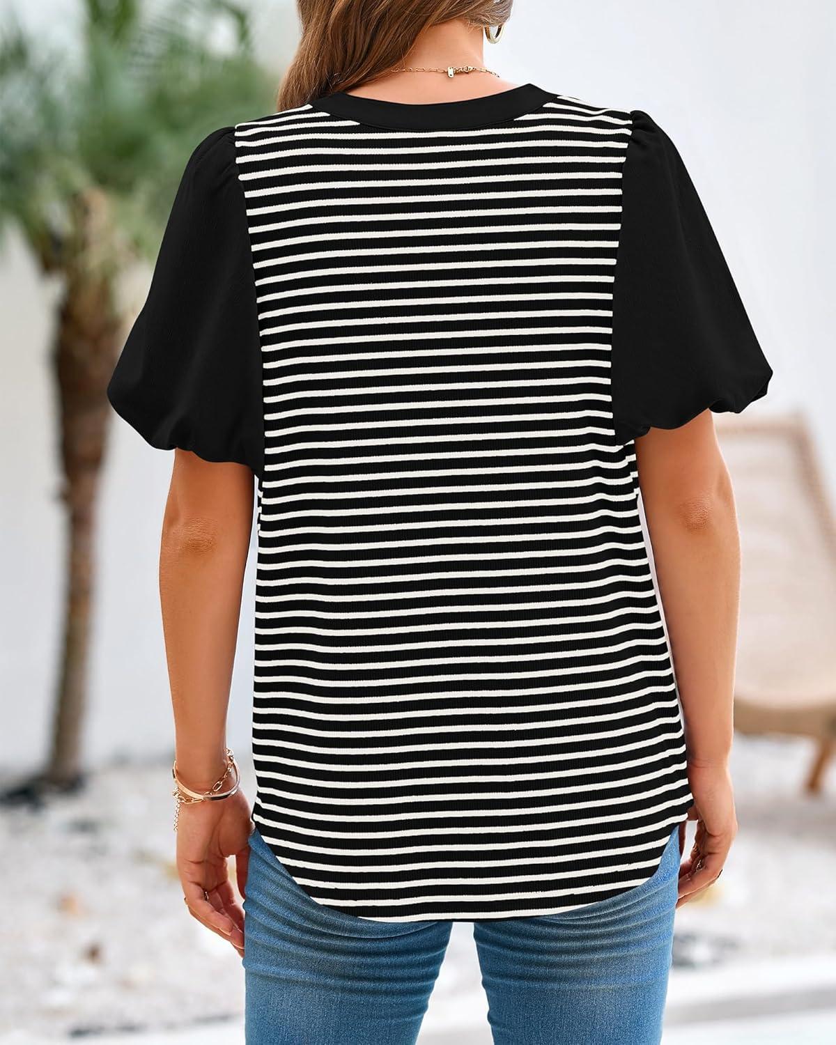 imageBTFBM Puff Sleeve Tops for Women Dressy Summer Vacation Outfits 2025 V Neck Casual Button Up Shirts Loose Striped BlouseBlack