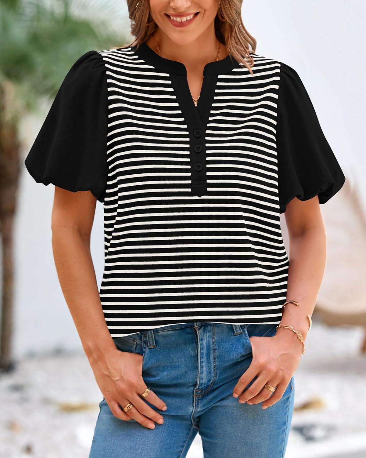 imageBTFBM Puff Sleeve Tops for Women Dressy Summer Vacation Outfits 2025 V Neck Casual Button Up Shirts Loose Striped BlouseBlack