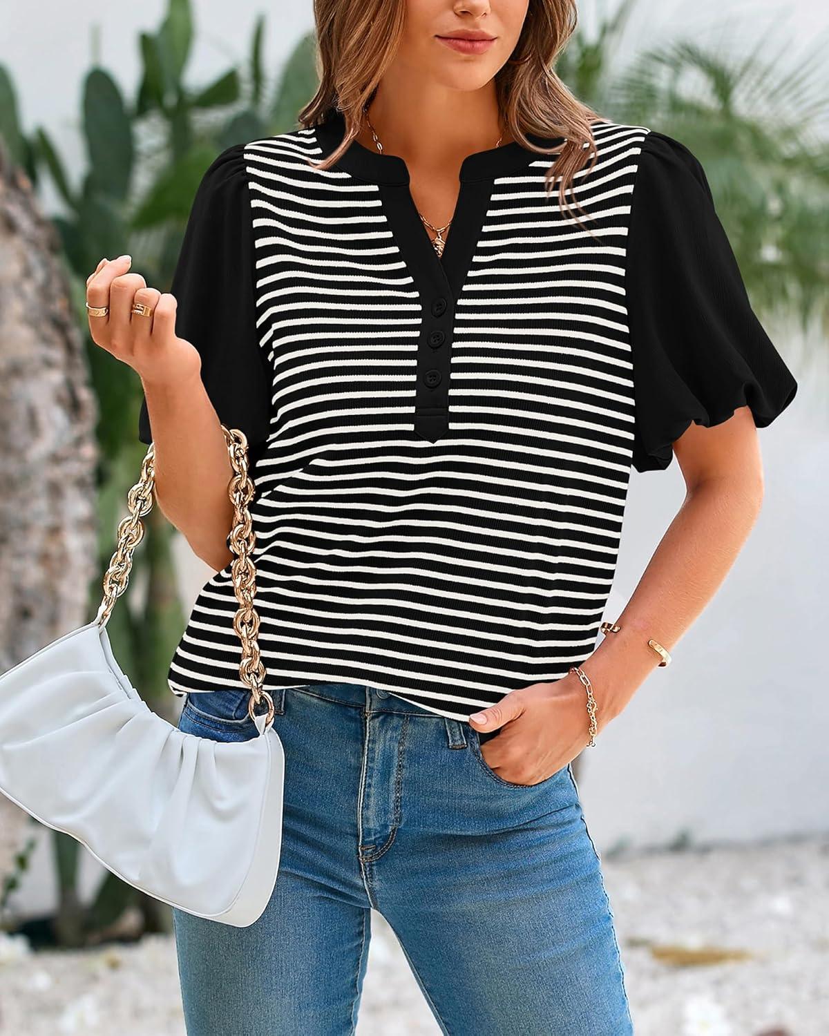 imageBTFBM Puff Sleeve Tops for Women Dressy Summer Vacation Outfits 2025 V Neck Casual Button Up Shirts Loose Striped BlouseBlack