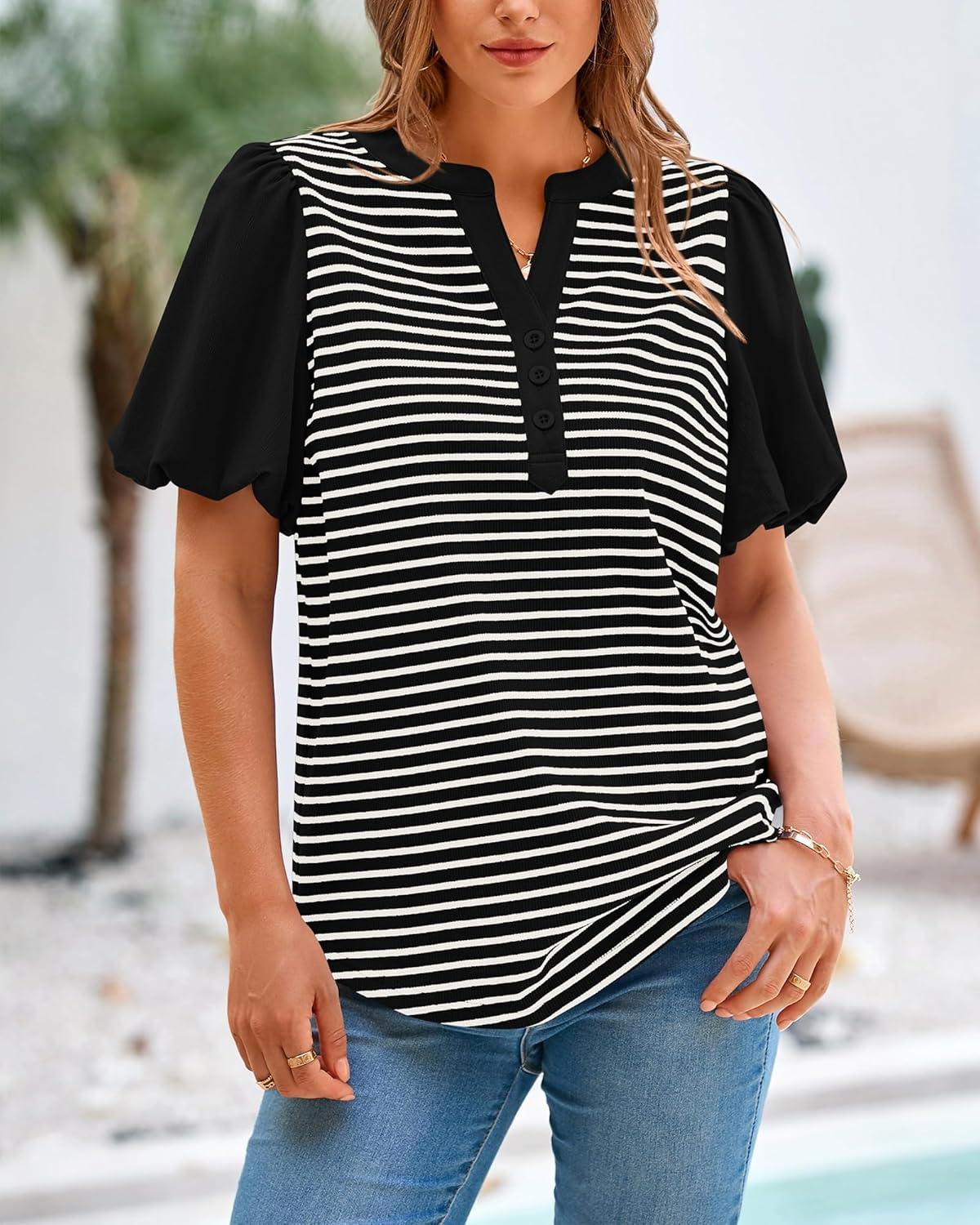 imageBTFBM Puff Sleeve Tops for Women Dressy Summer Vacation Outfits 2025 V Neck Casual Button Up Shirts Loose Striped BlouseBlack