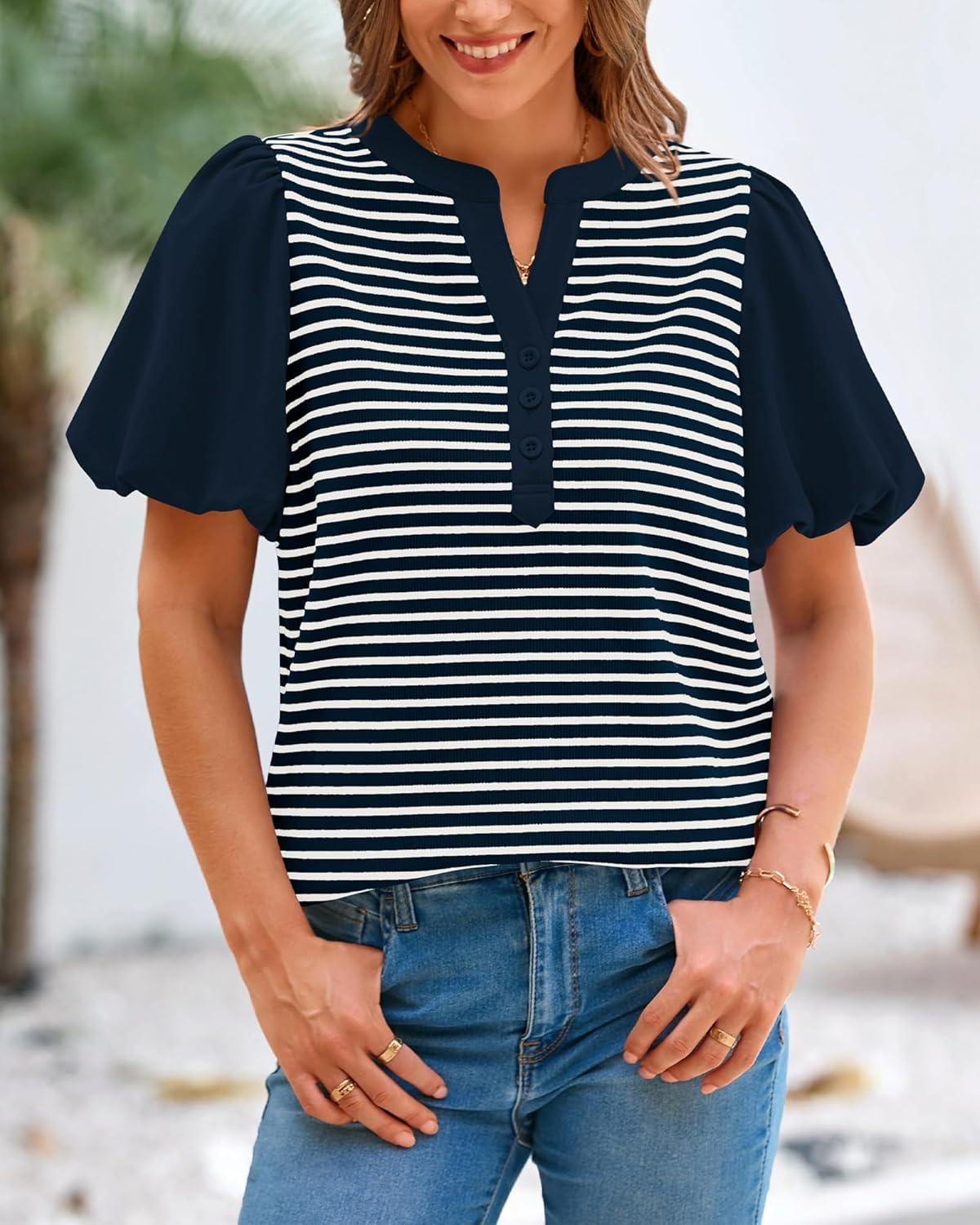 imageBTFBM Puff Sleeve Tops for Women Dressy Summer Vacation Outfits 2025 V Neck Casual Button Up Shirts Loose Striped BlouseNavy