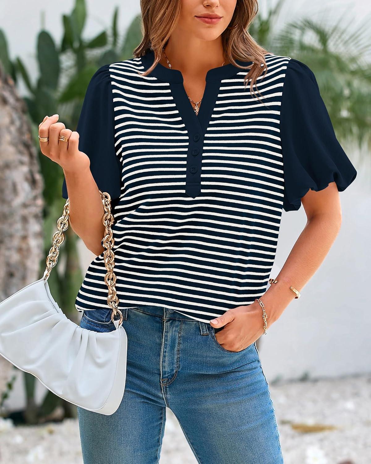 imageBTFBM Puff Sleeve Tops for Women Dressy Summer Vacation Outfits 2025 V Neck Casual Button Up Shirts Loose Striped BlouseNavy