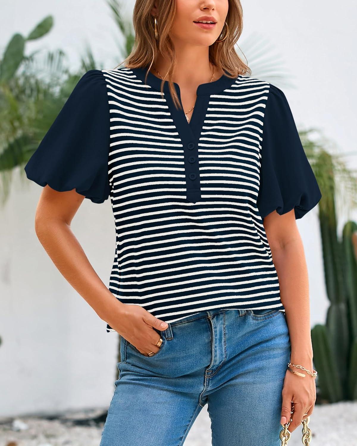 imageBTFBM Puff Sleeve Tops for Women Dressy Summer Vacation Outfits 2025 V Neck Casual Button Up Shirts Loose Striped BlouseNavy