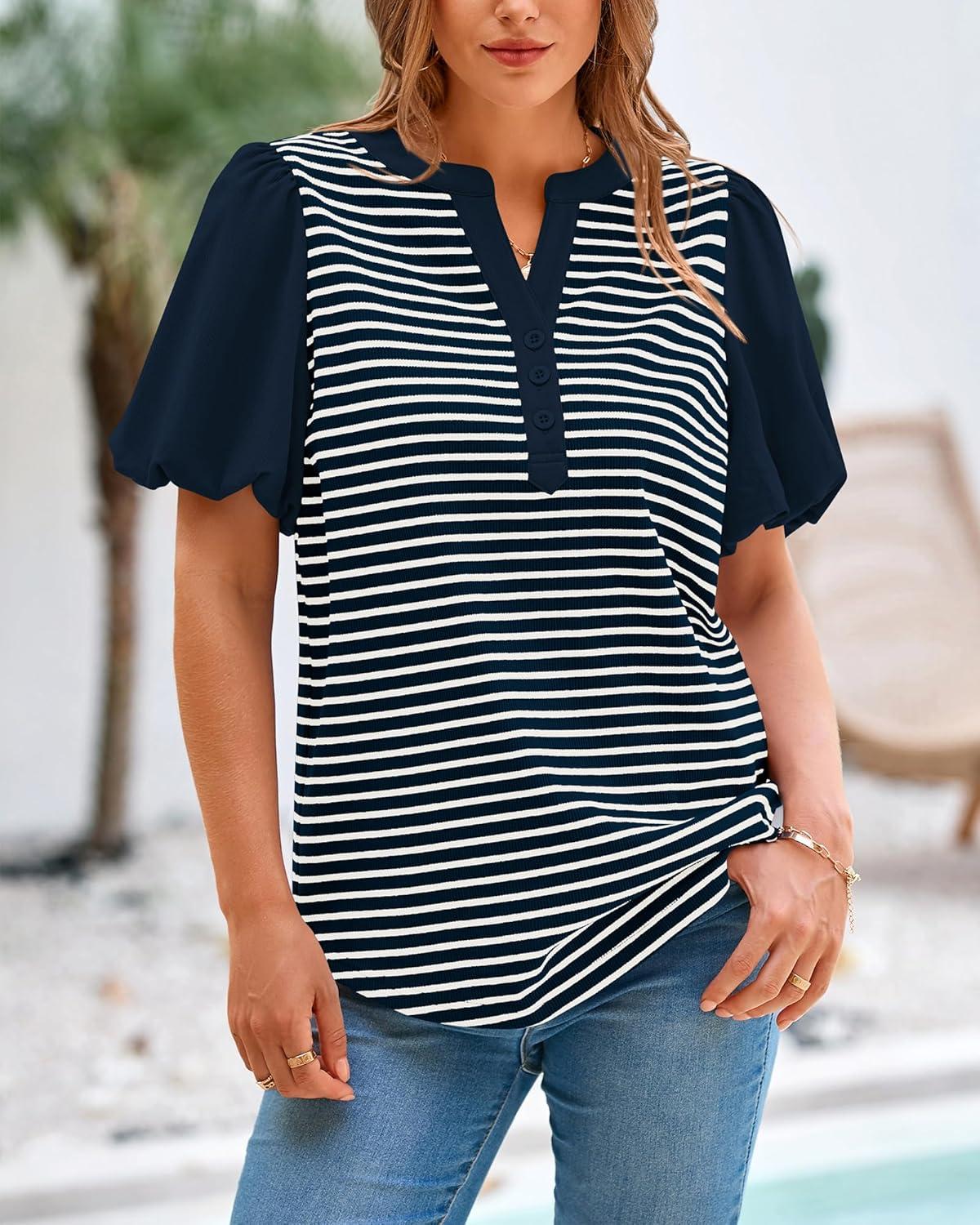 imageBTFBM Puff Sleeve Tops for Women Dressy Summer Vacation Outfits 2025 V Neck Casual Button Up Shirts Loose Striped BlouseNavy