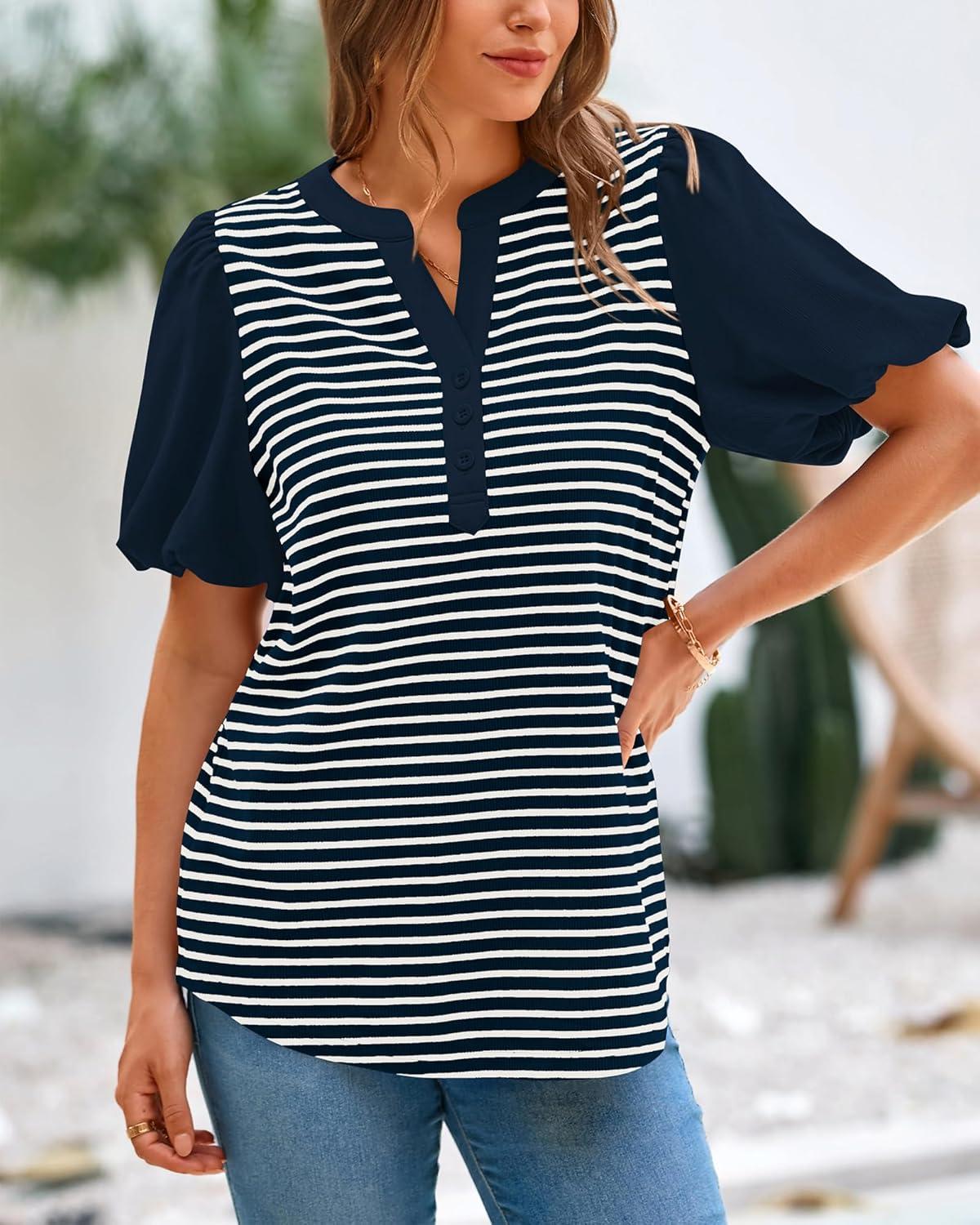 imageBTFBM Puff Sleeve Tops for Women Dressy Summer Vacation Outfits 2025 V Neck Casual Button Up Shirts Loose Striped BlouseNavy