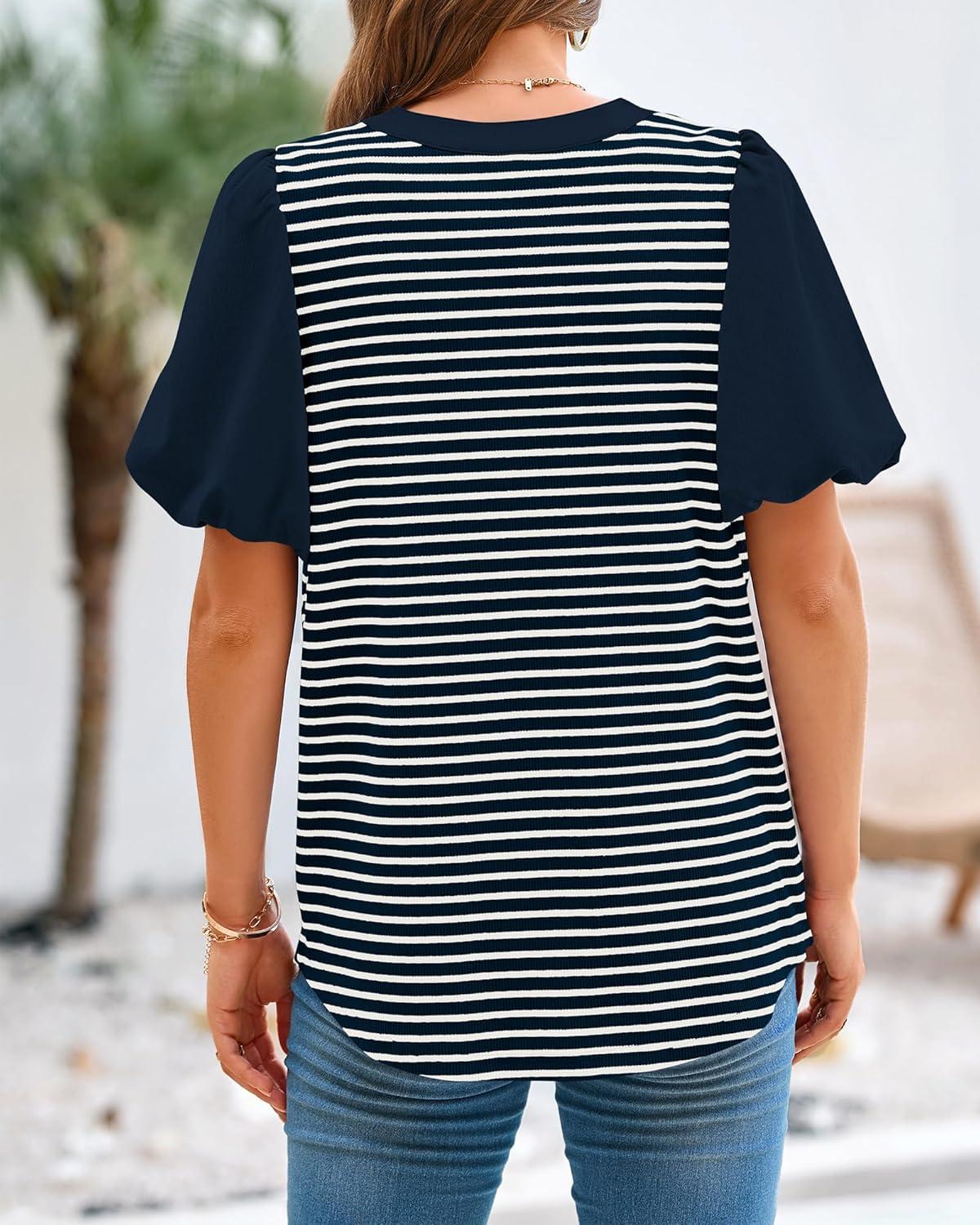 imageBTFBM Puff Sleeve Tops for Women Dressy Summer Vacation Outfits 2025 V Neck Casual Button Up Shirts Loose Striped BlouseNavy