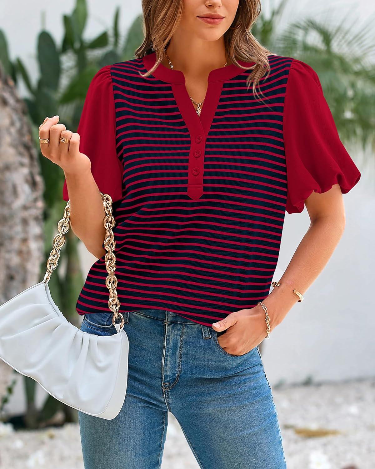 imageBTFBM Puff Sleeve Tops for Women Dressy Summer Vacation Outfits 2025 V Neck Casual Button Up Shirts Loose Striped BlouseRed