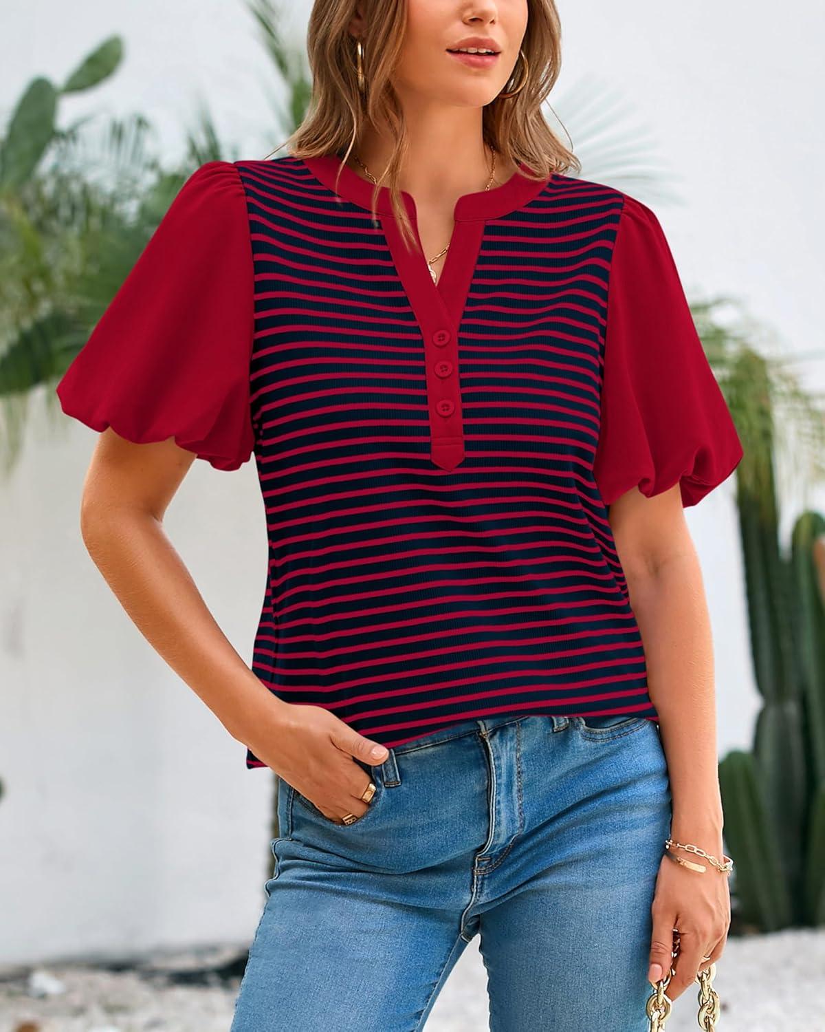 imageBTFBM Puff Sleeve Tops for Women Dressy Summer Vacation Outfits 2025 V Neck Casual Button Up Shirts Loose Striped BlouseRed