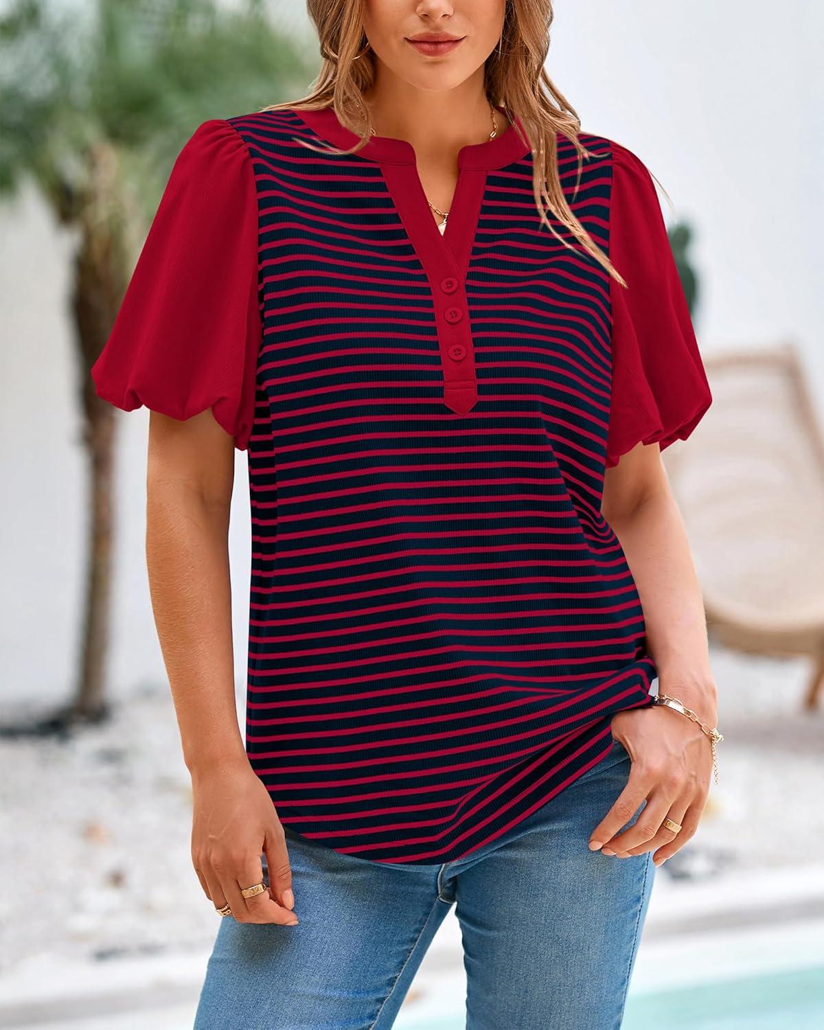 imageBTFBM Puff Sleeve Tops for Women Dressy Summer Vacation Outfits 2025 V Neck Casual Button Up Shirts Loose Striped BlouseRed