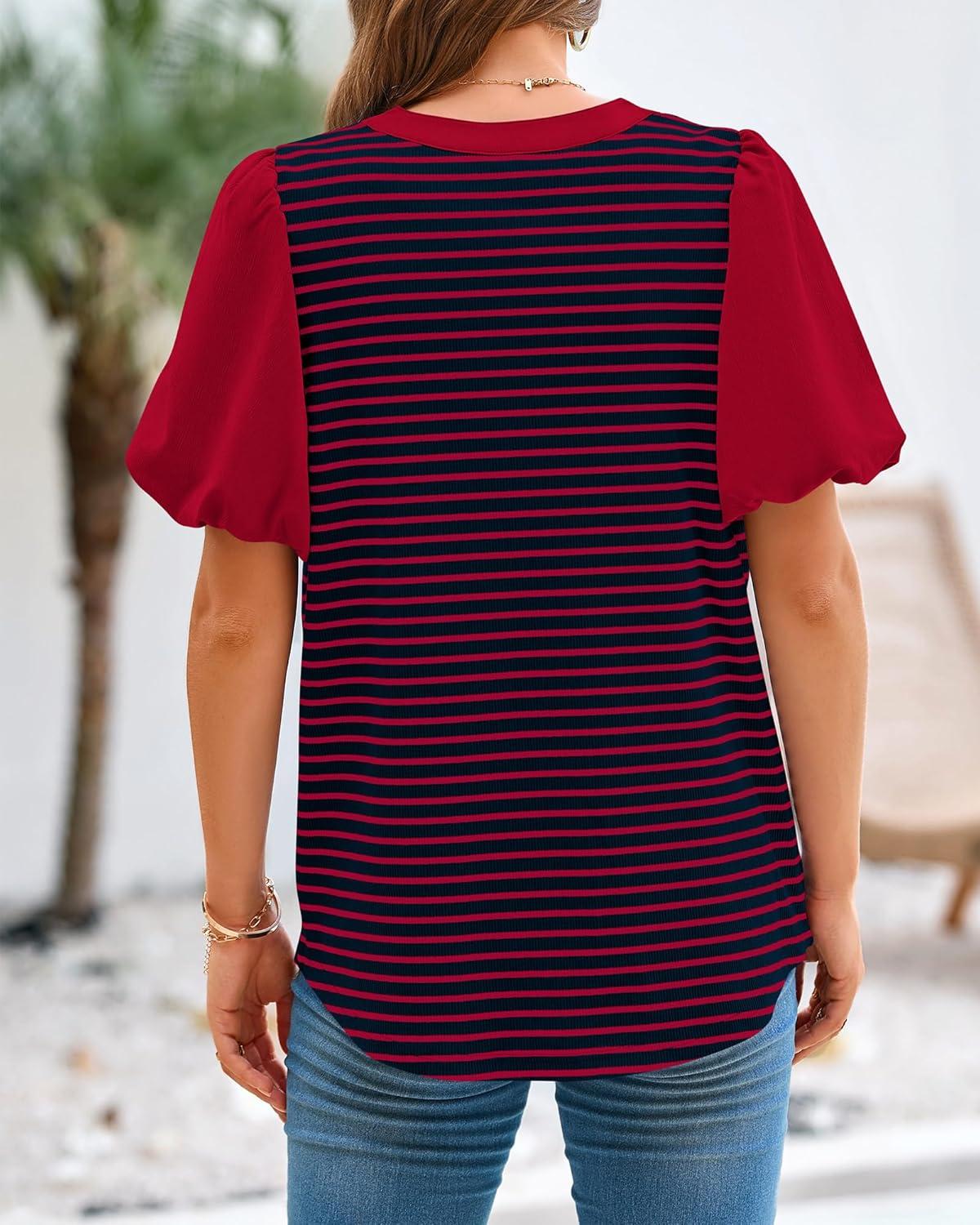 imageBTFBM Puff Sleeve Tops for Women Dressy Summer Vacation Outfits 2025 V Neck Casual Button Up Shirts Loose Striped BlouseRed