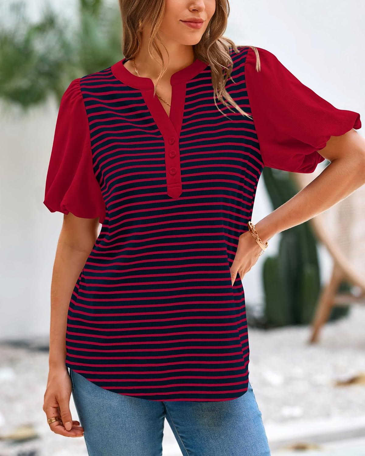 imageBTFBM Puff Sleeve Tops for Women Dressy Summer Vacation Outfits 2025 V Neck Casual Button Up Shirts Loose Striped BlouseRed