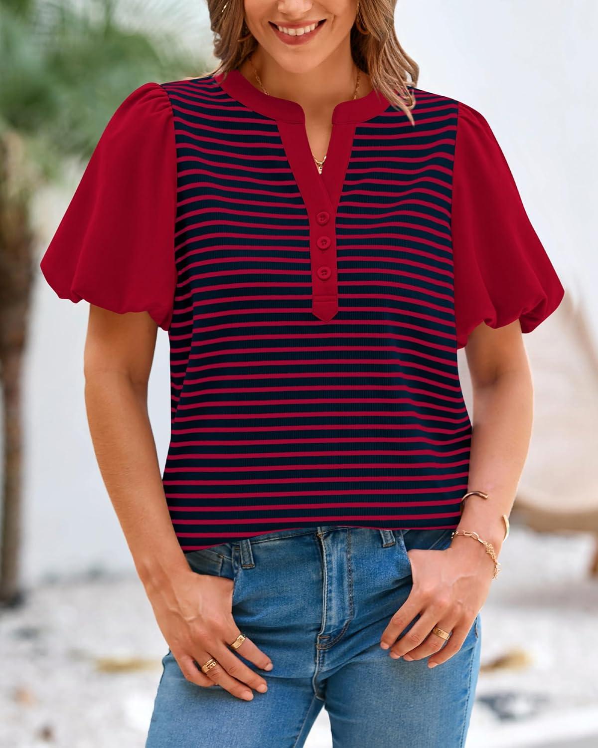 imageBTFBM Puff Sleeve Tops for Women Dressy Summer Vacation Outfits 2025 V Neck Casual Button Up Shirts Loose Striped BlouseRed