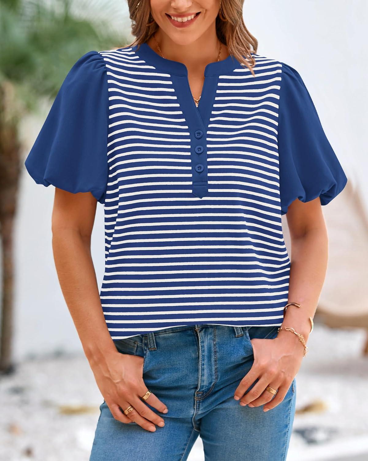 imageBTFBM Puff Sleeve Tops for Women Dressy Summer Vacation Outfits 2025 V Neck Casual Button Up Shirts Loose Striped BlouseRoyal Blue