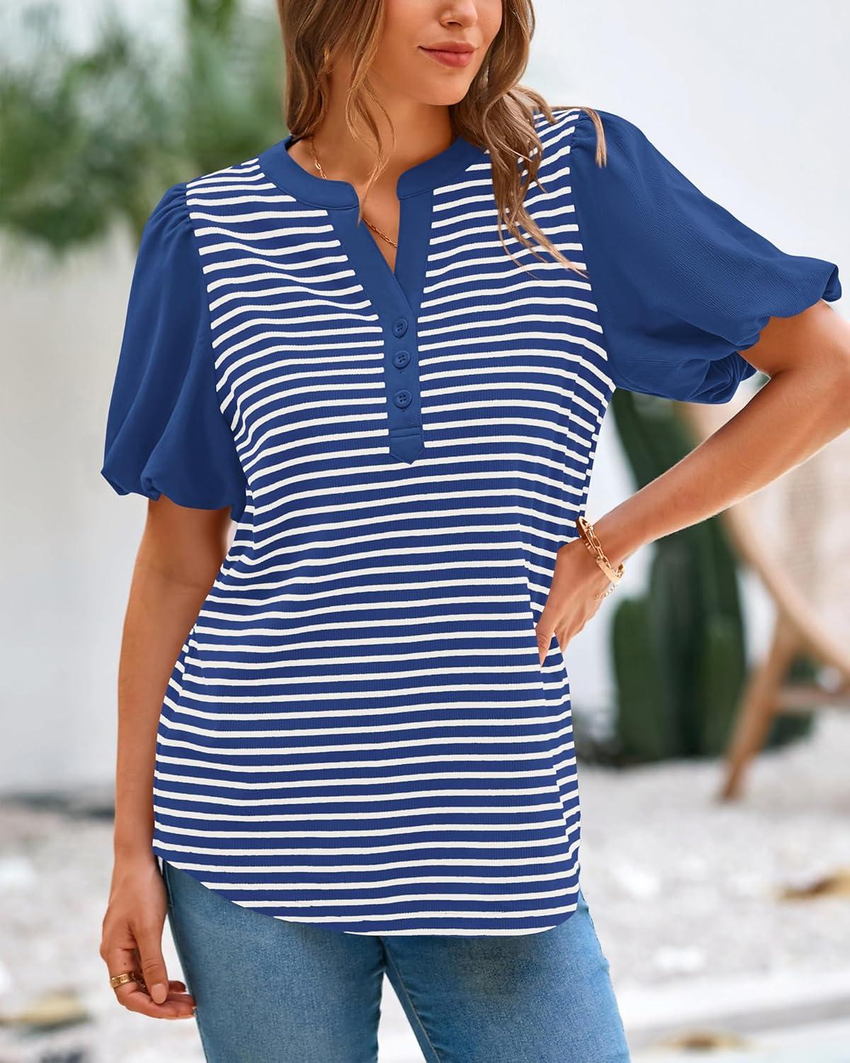 imageBTFBM Puff Sleeve Tops for Women Dressy Summer Vacation Outfits 2025 V Neck Casual Button Up Shirts Loose Striped BlouseRoyal Blue