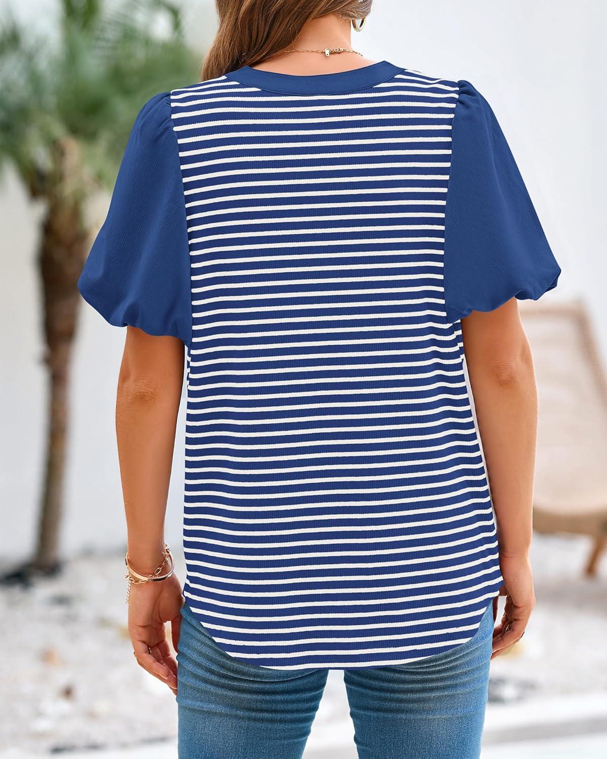 imageBTFBM Puff Sleeve Tops for Women Dressy Summer Vacation Outfits 2025 V Neck Casual Button Up Shirts Loose Striped BlouseRoyal Blue