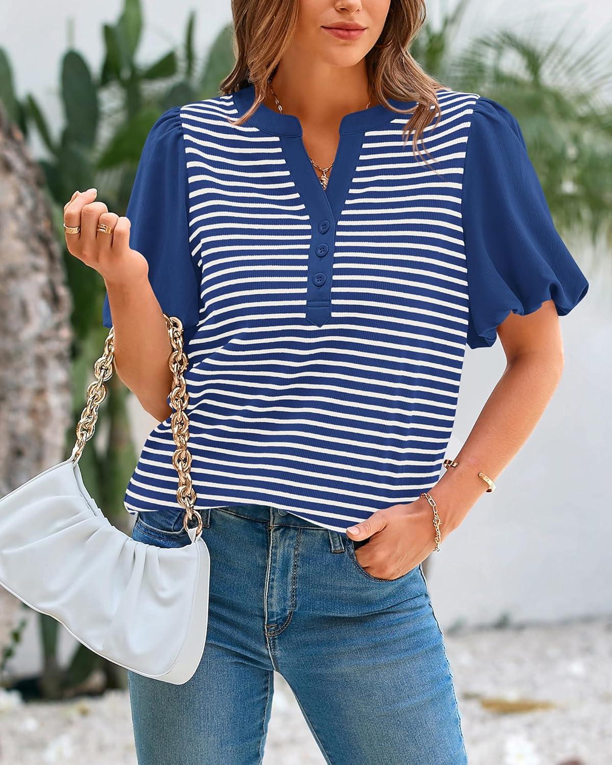 imageBTFBM Puff Sleeve Tops for Women Dressy Summer Vacation Outfits 2025 V Neck Casual Button Up Shirts Loose Striped BlouseRoyal Blue
