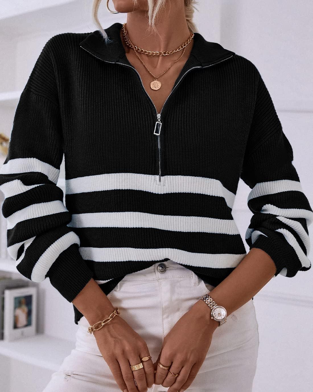 imageBTFBM Striped Quarter Zip Sweater Women Fall Outfits Winter Clothing V Neck Long Sleeve Knit Collared Sweaters PulloverStriped Black