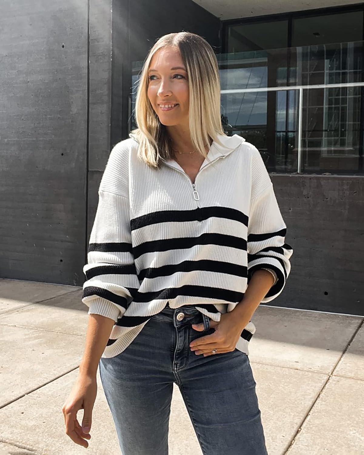 imageBTFBM Striped Quarter Zip Sweater Women Fall Outfits Winter Clothing V Neck Long Sleeve Knit Collared Sweaters PulloverStriped White