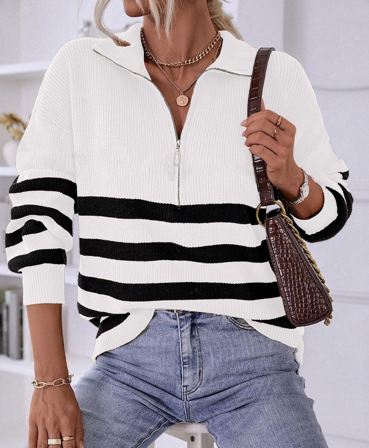 imageBTFBM Striped Quarter Zip Sweater Women Fall Outfits Winter Clothing V Neck Long Sleeve Knit Collared Sweaters PulloverStriped White