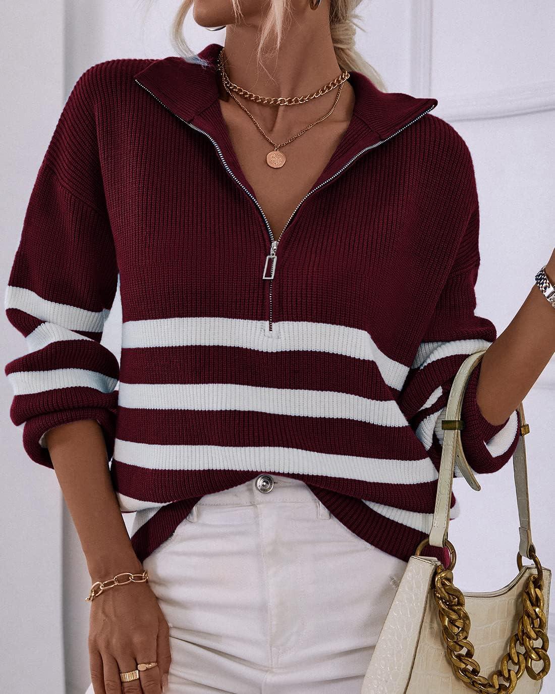 imageBTFBM Striped Quarter Zip Sweater Women Fall Outfits Winter Clothing V Neck Long Sleeve Knit Collared Sweaters PulloverStriped Wine Red