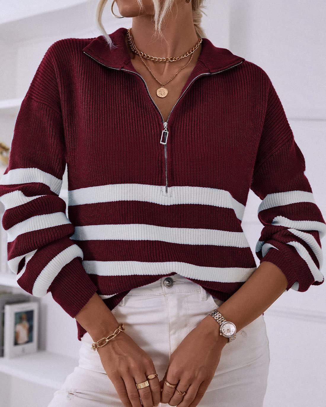 imageBTFBM Striped Quarter Zip Sweater Women Fall Outfits Winter Clothing V Neck Long Sleeve Knit Collared Sweaters PulloverStriped Wine Red