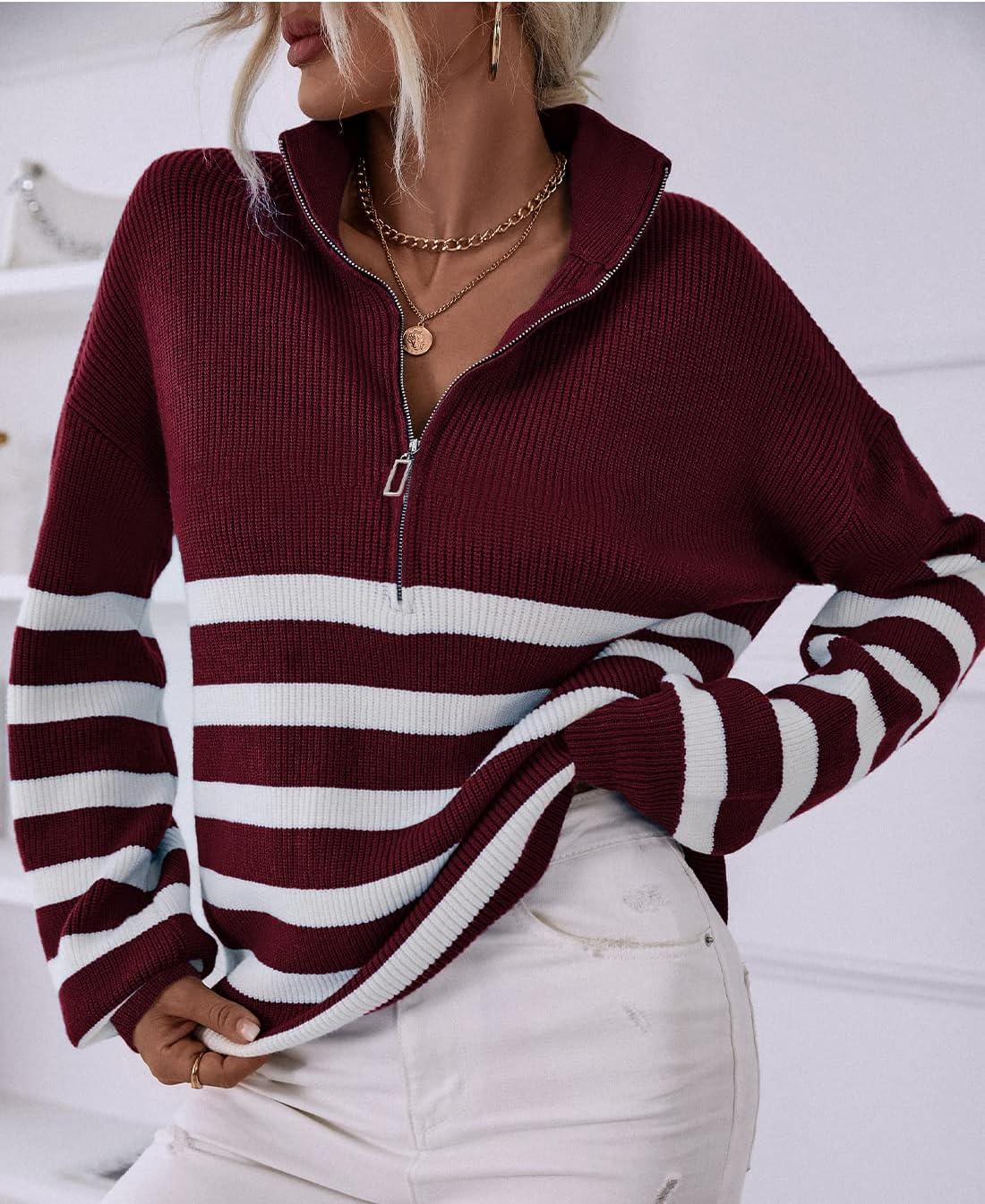 imageBTFBM Striped Quarter Zip Sweater Women Fall Outfits Winter Clothing V Neck Long Sleeve Knit Collared Sweaters PulloverStriped Wine Red