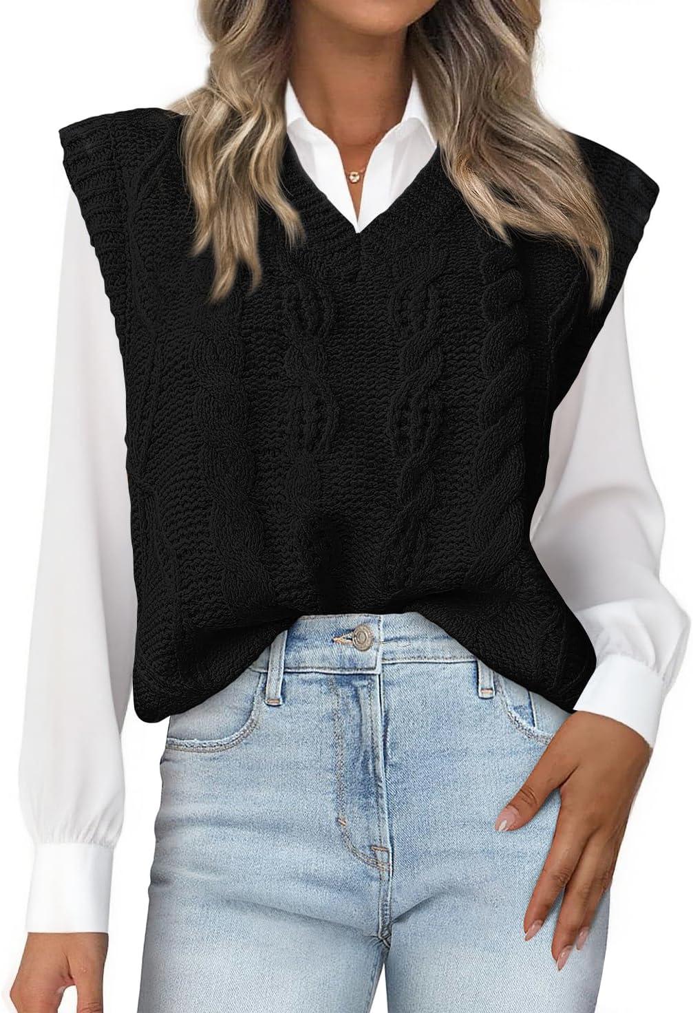 imageBTFBM Sweater Vest Women Oversized V Neck Cable Knit Casual Pullover Sweaters Fall Outfits 2025 Sleeveless TopsBlack