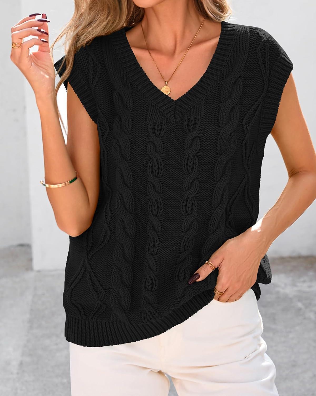 imageBTFBM Sweater Vest Women Oversized V Neck Cable Knit Casual Pullover Sweaters Fall Outfits 2025 Sleeveless TopsBlack