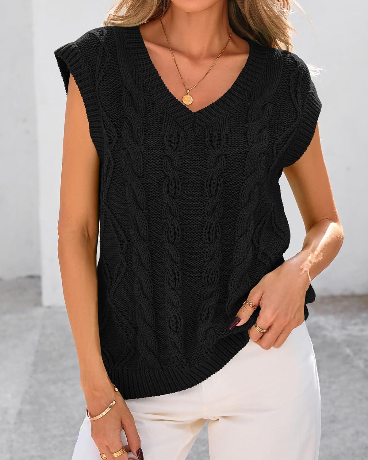imageBTFBM Sweater Vest Women Oversized V Neck Cable Knit Casual Pullover Sweaters Fall Outfits 2025 Sleeveless TopsBlack
