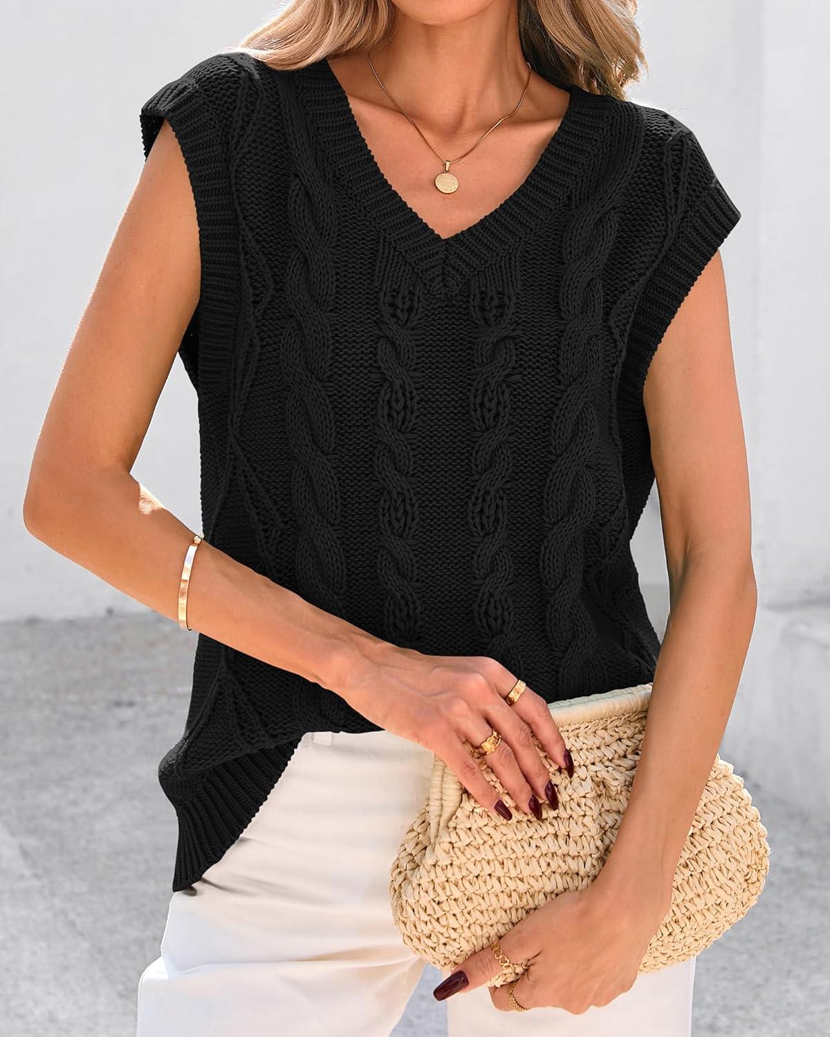 imageBTFBM Sweater Vest Women Oversized V Neck Cable Knit Casual Pullover Sweaters Fall Outfits 2025 Sleeveless TopsBlack