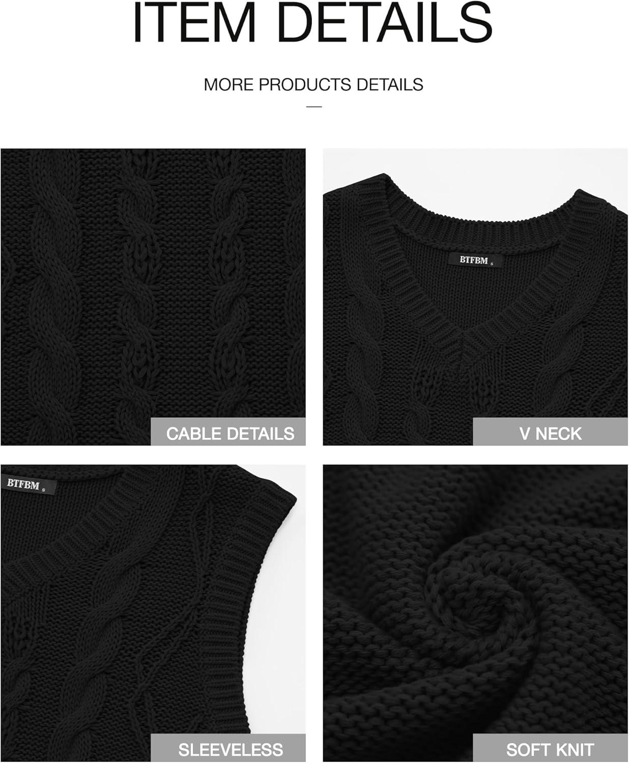 imageBTFBM Sweater Vest Women Oversized V Neck Cable Knit Casual Pullover Sweaters Fall Outfits 2025 Sleeveless TopsBlack