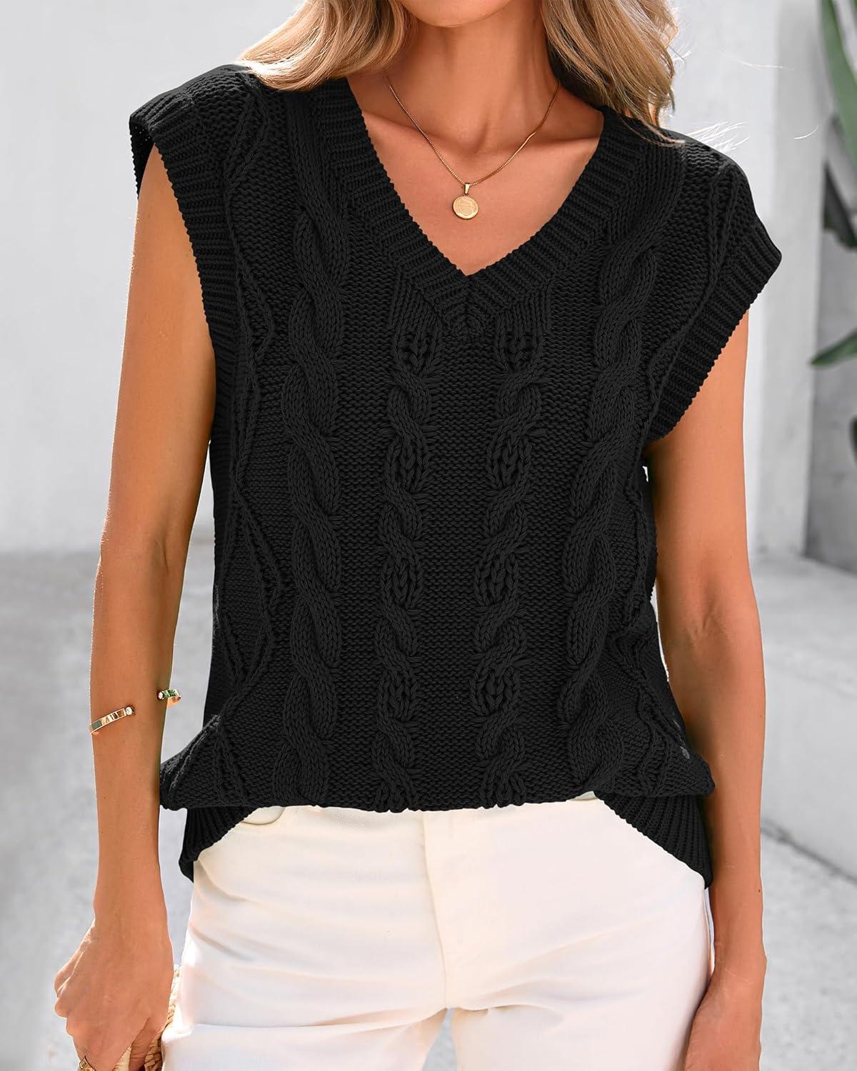 imageBTFBM Sweater Vest Women Oversized V Neck Cable Knit Casual Pullover Sweaters Fall Outfits 2025 Sleeveless TopsBlack