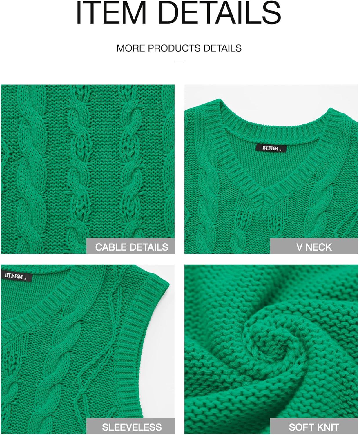 imageBTFBM Sweater Vest Women Oversized V Neck Cable Knit Casual Pullover Sweaters Fall Outfits 2025 Sleeveless TopsGreen